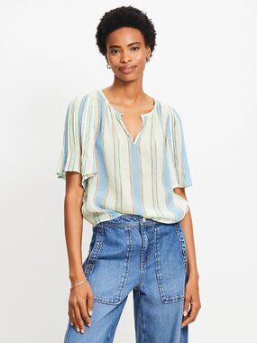 Striped Pleated Sleeve Blouse (Loft)
